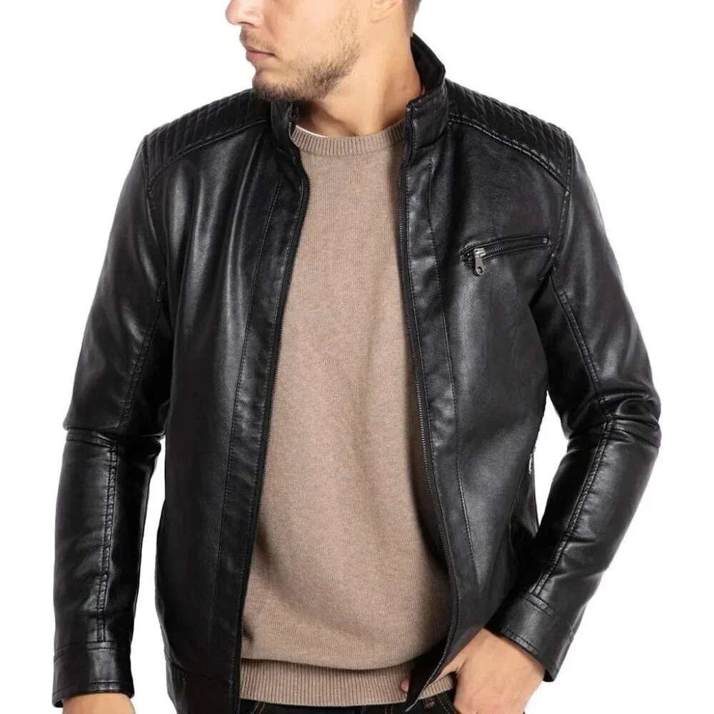 Men's Stand Collar Leather  Jacket Motorcycle Lightweight